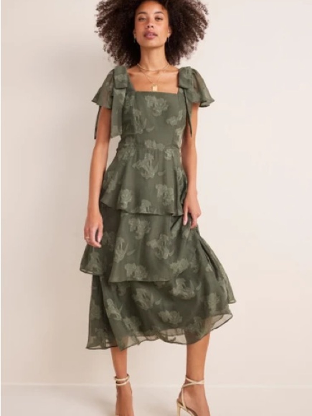 Olive Green Tiered Midi Dress with Tie-Strap Shoulders
